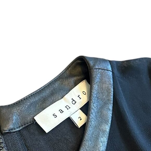 Sandro Black Silk Blend Dress Sleeveless Party Vegan Leather Trim Size 2 Medium - Picture 6 of 11